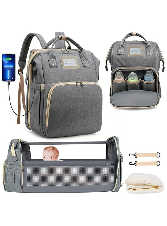 Diaper Bag Backpack, Multifunctional Baby Changing Bag with Foldable Crib & Insulated Milk Bottle Pocket, Large Capacity Travel Backpack with USB Charging Port & Stroller Strap (Gray)