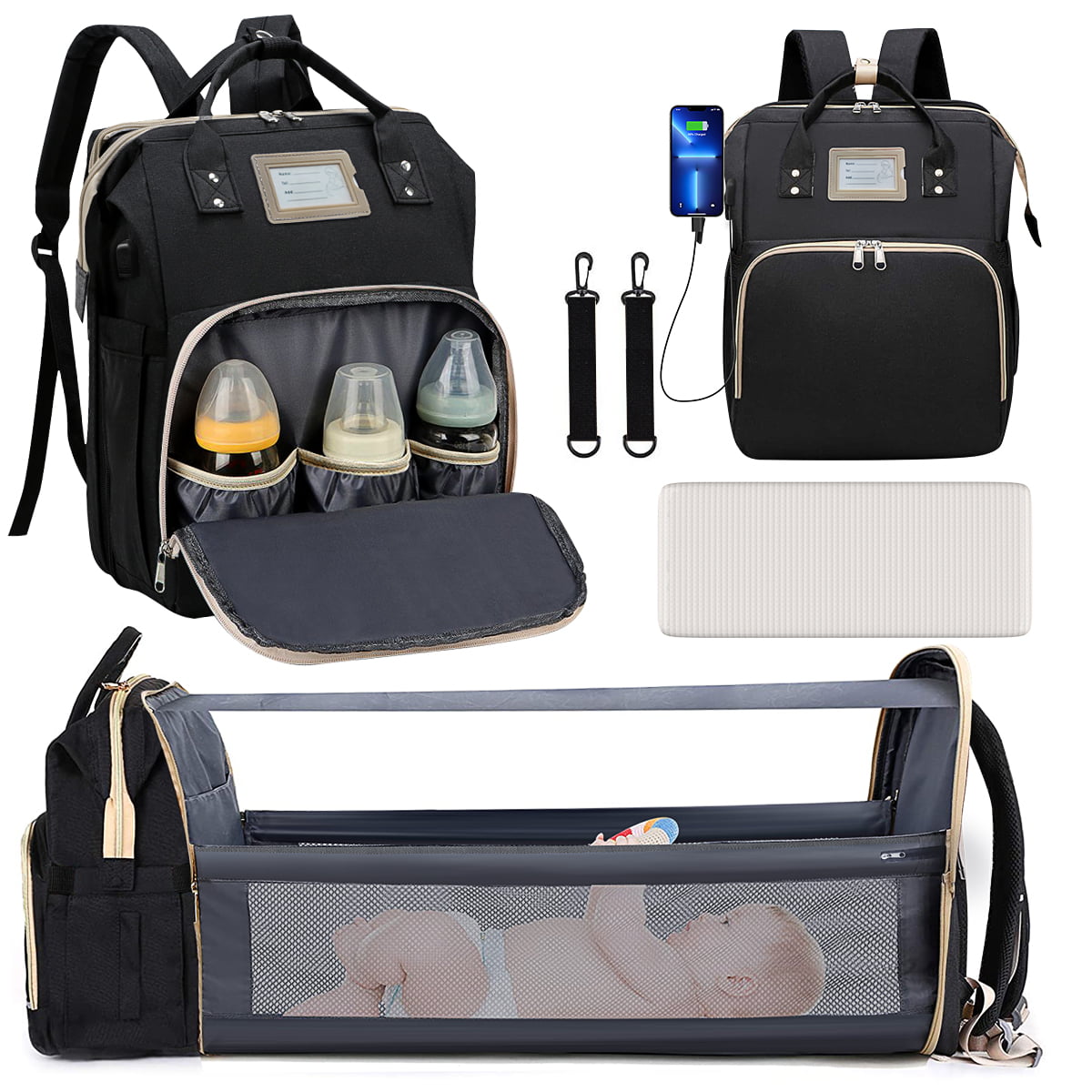GPED Multifunctional Diaper Bag Backpack/Changing Bag with Foldable Crib & Insulated Milk Bottle Pocket