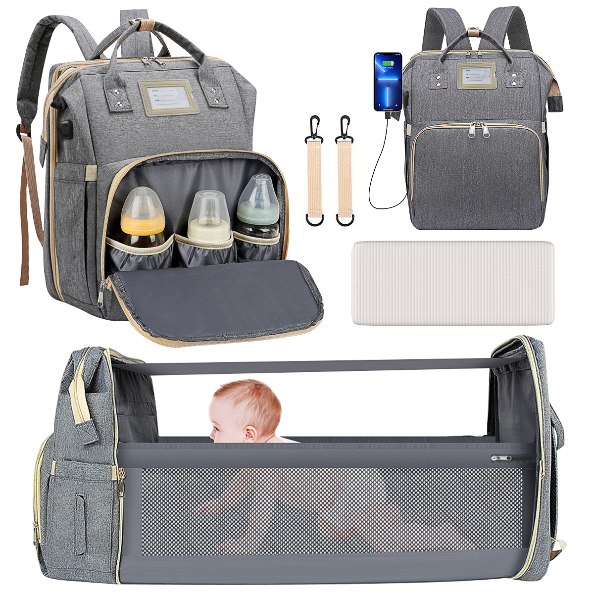Diaper Bag Backpack, Multifunctional Baby Changing Bag with Foldable Crib & Insulated Milk