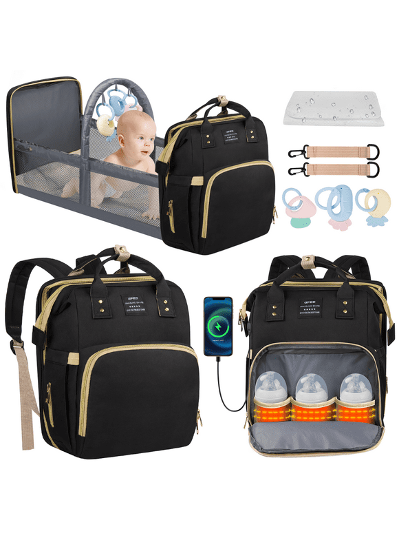 Diaper Bag Backpack, Multifunctional Baby Changing Bag with Foldable Crib & Insulated Milk Bottle Pockets, Large Capacity Portable Travel Backpack with USB Charging Port, Nappy Bag for Moms Dads,Black