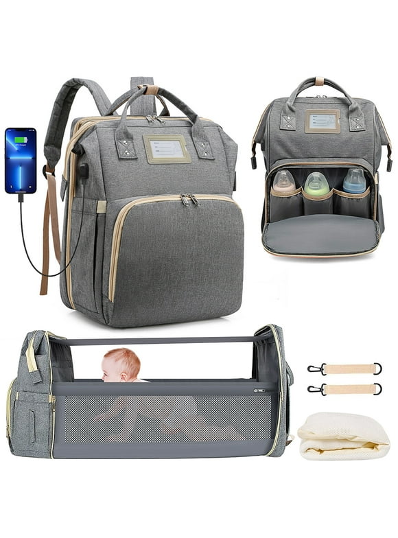 Diaper Bag Backpack, Multifunctional Baby Diaper Bag with Changing Station, Large Capacity Travel Backpack with Insulated Milk Bottle Pocket&Foldable Crib, USB Charging Port(Gray)