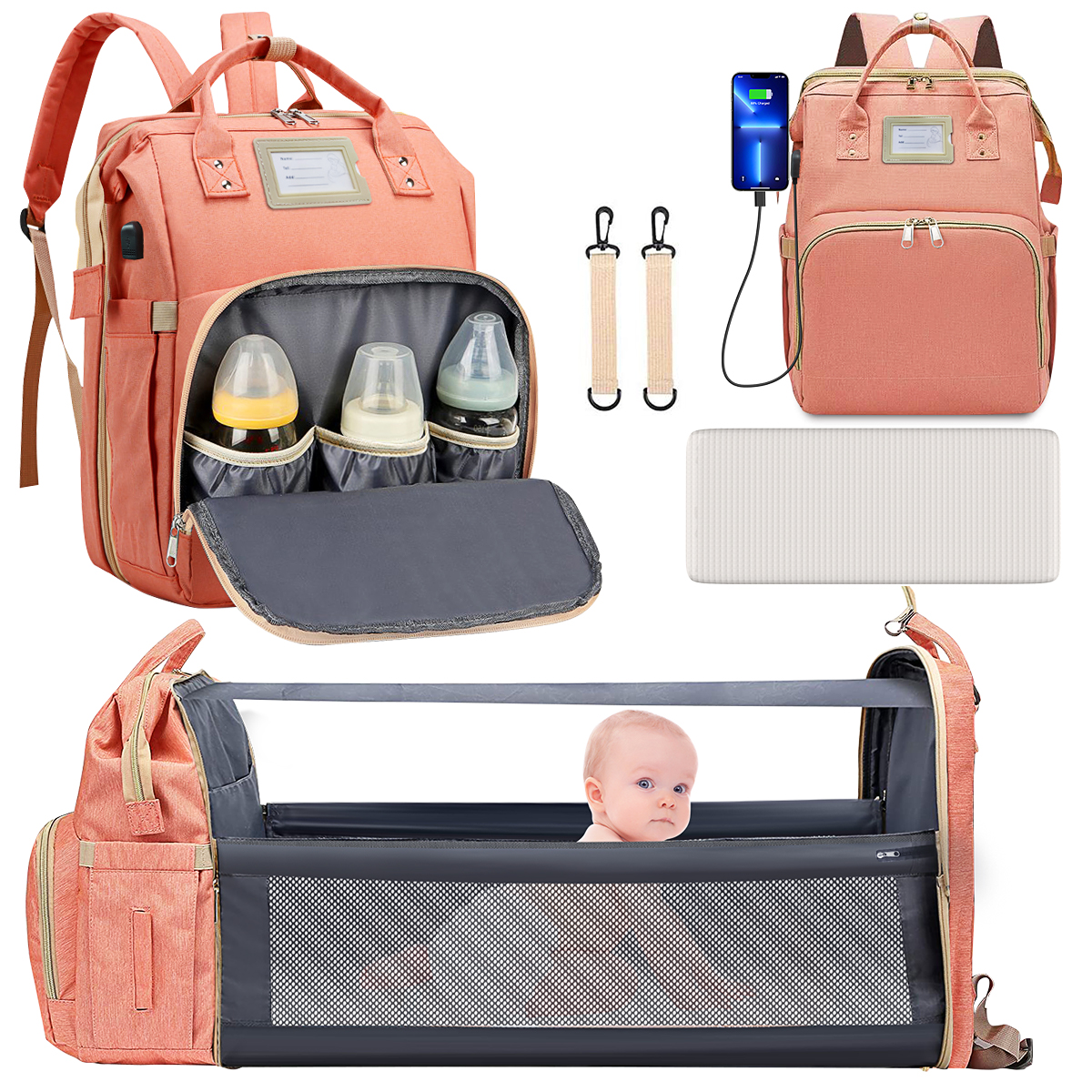 Diaper Bag Backpack, Multifunctional Baby Changing Bag with Foldable Crib & Insulated Milk