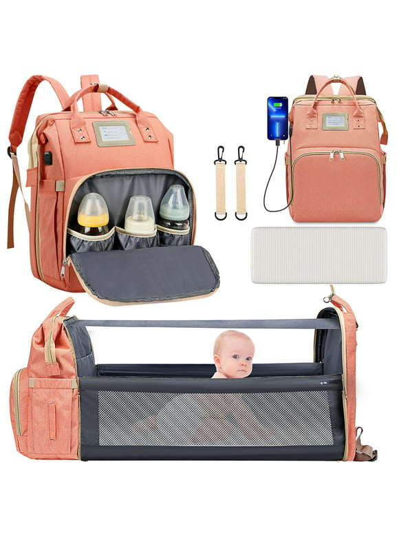 Diaper Bag Backpack, Multifunctional Baby Diaper Bag with Changing Station, Large Capacity Travel Backpack with Insulated Milk Bottle Pocket&Foldable Crib, USB Charging Port(Pink)