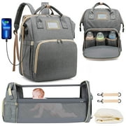Diaper Bag Backpack, Multifunctional Baby Diaper Bag with Changing Station, Large Capacity Travel Backpack with Insulated Milk Bottle Pocket&Foldable Crib, USB Charging PortGray