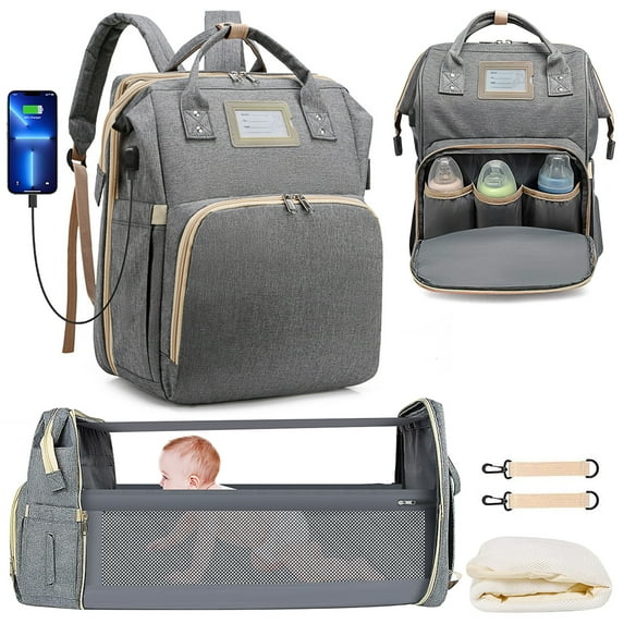 Diaper Bag Backpack, Multifunctional Baby Diaper Bag with Changing Station, Large Capacity Travel Backpack with Insulated Milk Bottle Pocket&Foldable Crib, USB Charging Port(Gray)