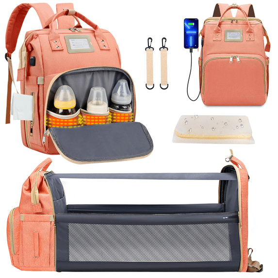 Diaper Bag Backpack, Multifunctional Baby Diaper Bag with Changing Station, Large Capacity Travel Backpack with Insulated Milk Bottle Pocket&Foldable Crib, USB Charging Port(Pink)