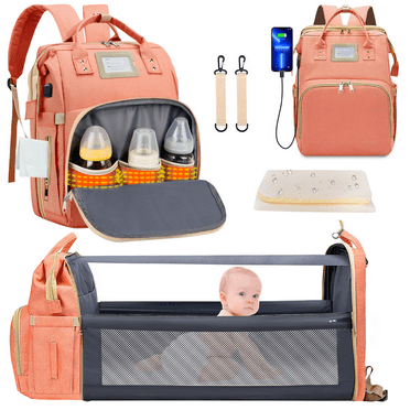 Diaper Bag Backpack, Multifunctional Baby Diaper Bag with Changing Station, Large Capacity Travel Backpack with Insulated Milk Bottle Pocket&Foldable Crib, USB Charging Port(Pink)