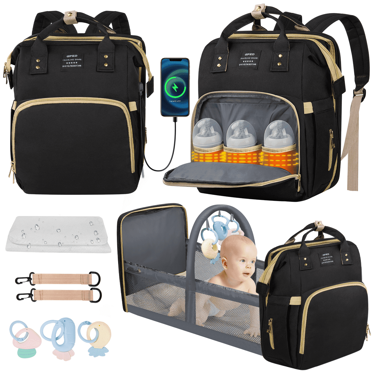 Diaper Bag Backpack, Multifunctional Baby Diaper Bags with Foldable Crib & Changing Station,Large Capacity Portable Travel Back Pack W/ USB Charging Port & Stroller Strap, Baby Shower Gifts(Black)