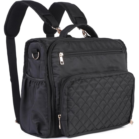 Diaper Bag Backpack - Quilted Travel Diaper Bags for Baby Girl & Boy,Convertible Messenger Baby Changing Bag,Insulated Pockets,Large Capacity,Waterproof and Stylish, Black