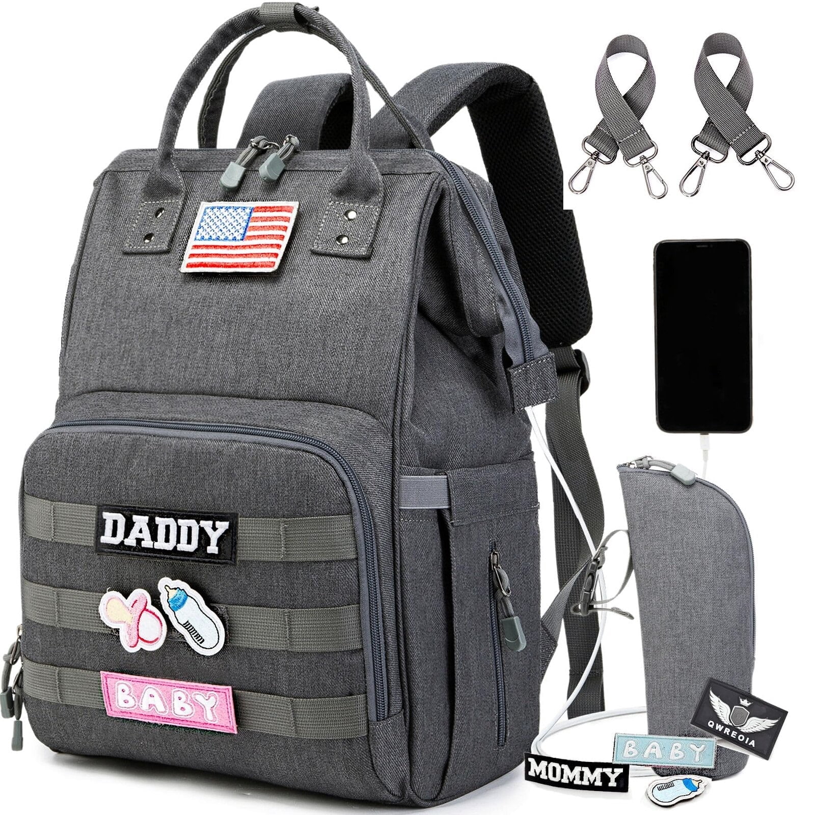 Diaper Bag Backpack for Dad and Mom with USB Charging Port Stroller Straps and Insulated Pocket,army military Travel Nappy Backpack (Dark Grey)