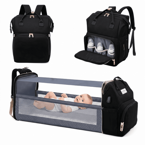 Diaper Bag Backpack with Changing Station, 3-in-1 Multifunction Travel Baby Bassinet, Large Capacity Maternity Baby Bags with USB Port