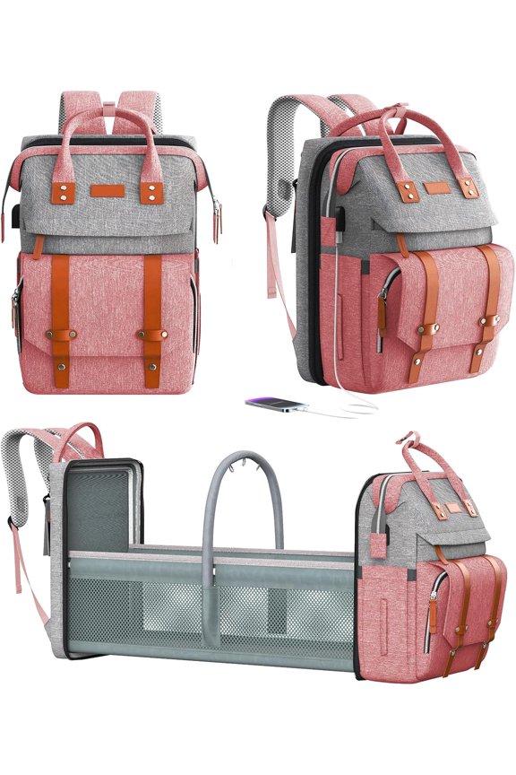 Diaper Bag Backpack with Changing Station, Large Diaper Bag, Multifunctional Diaper Bag, Baby Bag, PinkGray