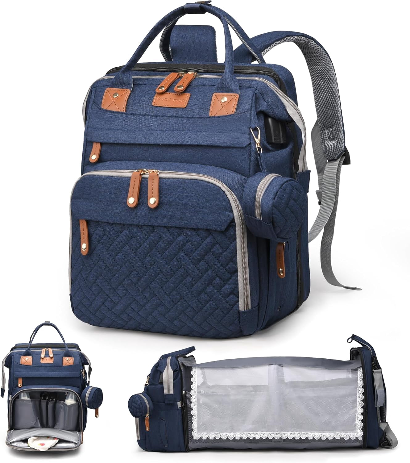 Diaper Bag with Changing Station, Travel Diaper Bag Mosquito Net, Waterproof, Insulated Bottle Pockets, Multiple Compartments, Stroller Straps, Easy Diaper Changes, Unisex Blue