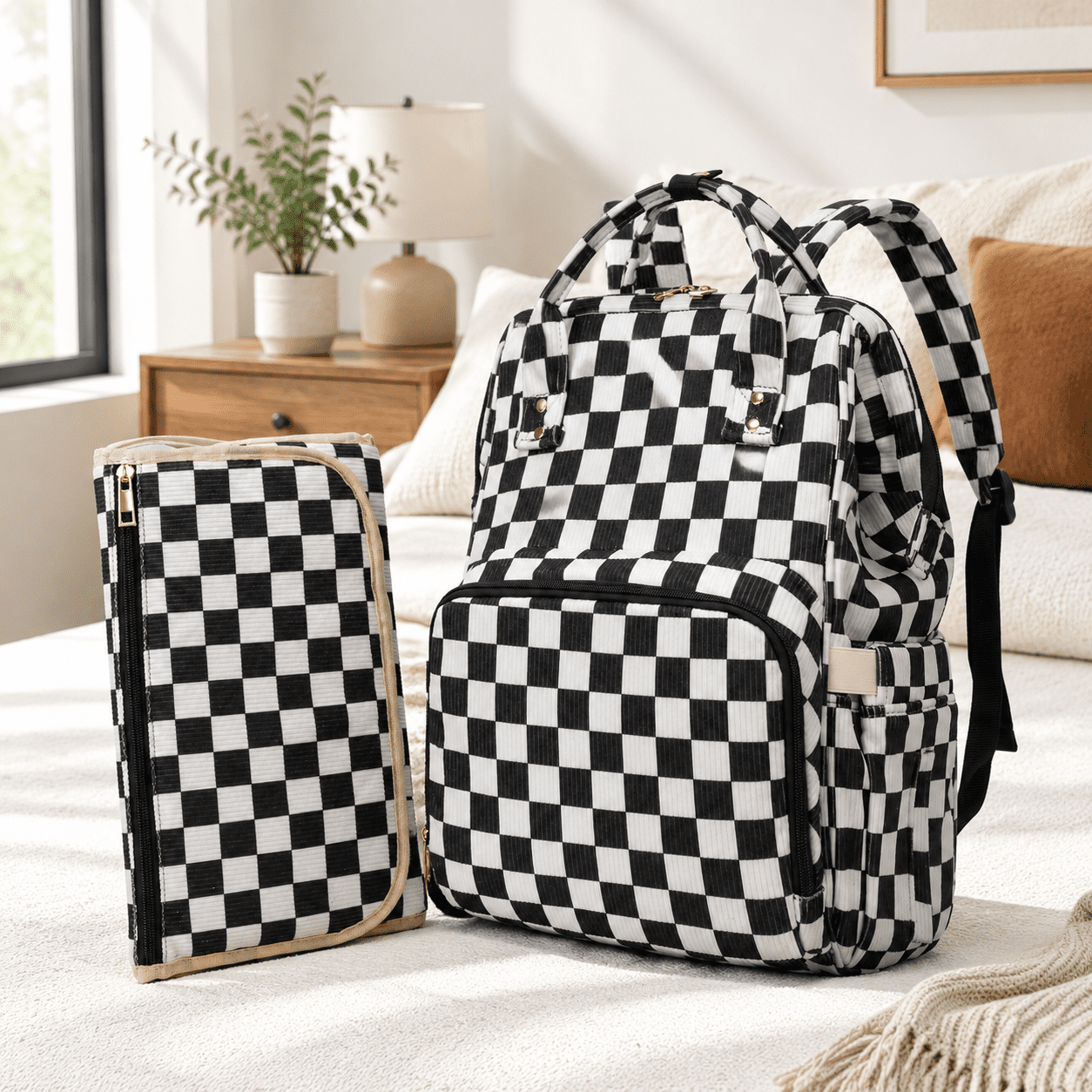 Diaper Bag Corduroy Checkered Black, Large Multifunction Backpack with ...