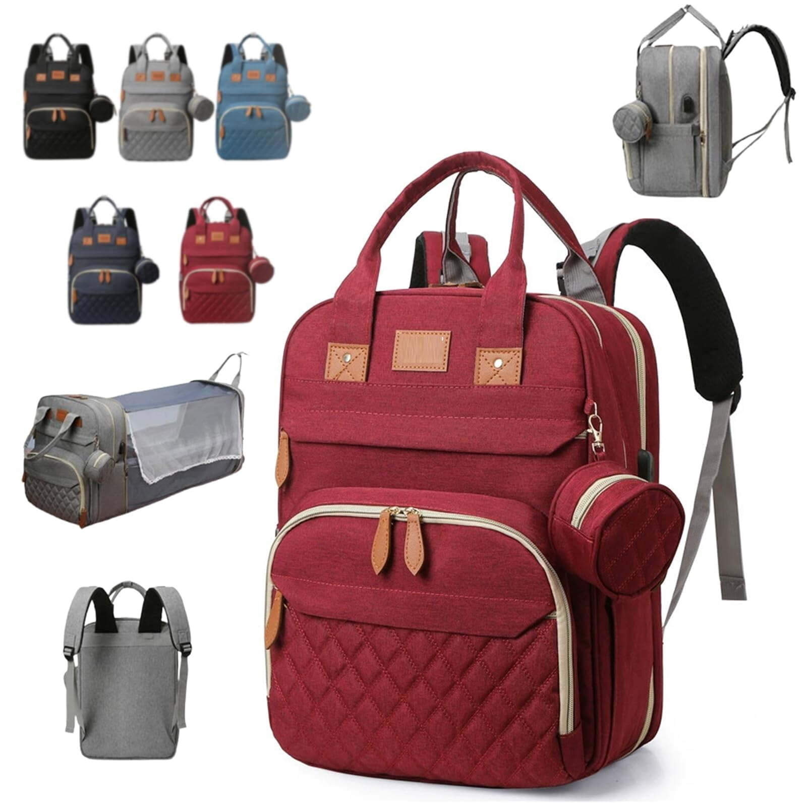 Diaper Bag, Diaper Diaper Bag with Changing Station, 7 in 1 Travel Baby Bag, Large Capacity Diaper Backpack(Wine Red)