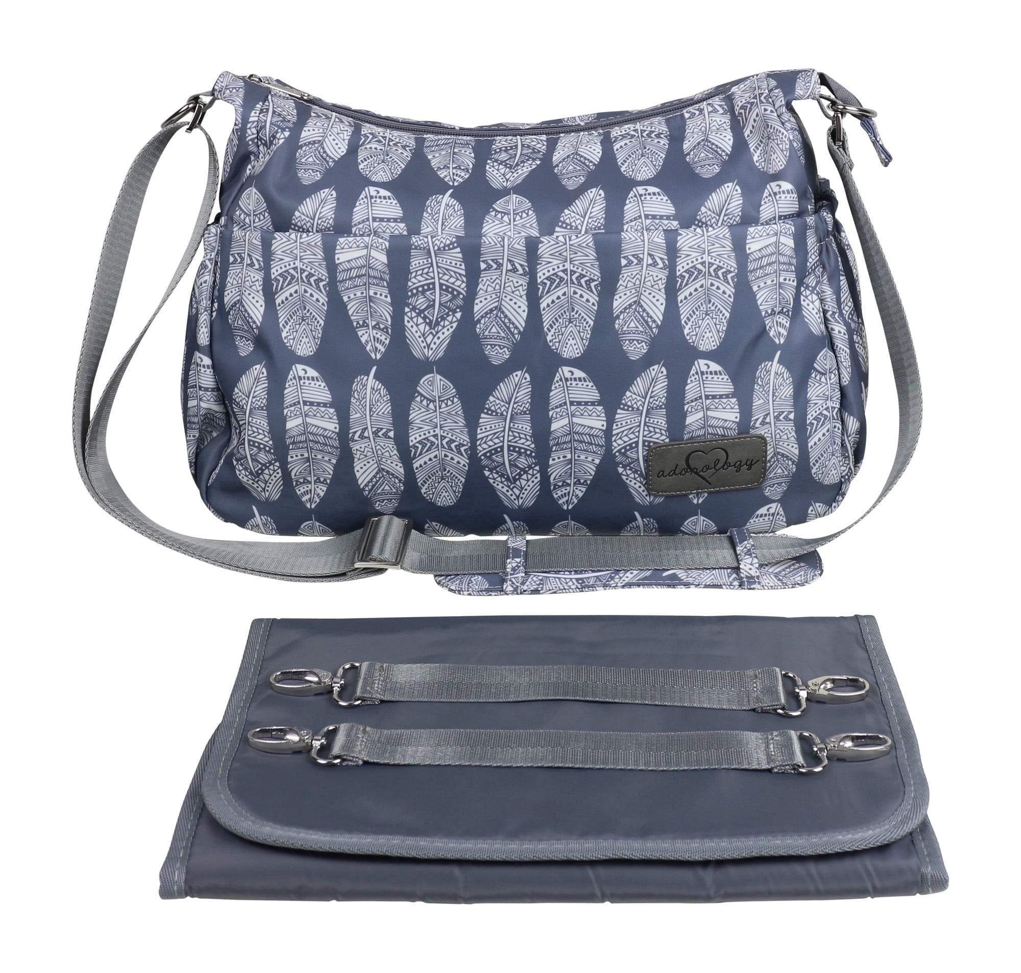 Adorology Diaper Bag Crossbody Purse - Gray Feather Print - Multi-Pocket Organizer with Changing Pad