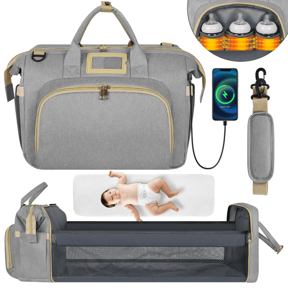 GPED Gray Diaper Bag Tote with Insulated Milk Bottle Pockets and USB Charging Port