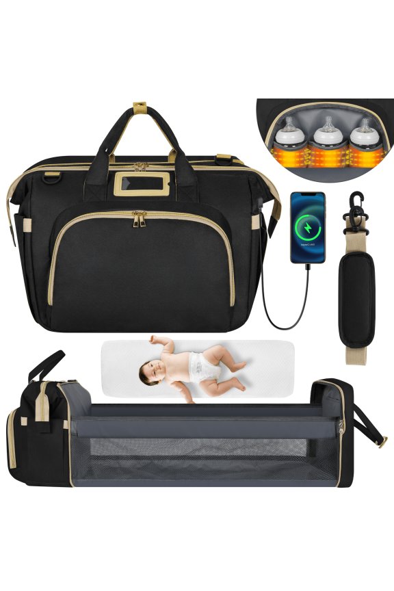 Diaper Bag Tote, Multifunctional Baby Changing Bag with Insulated Milk Bottle Pockets, Large Capacity Travel Backpack W/ USB Charging Port & Stroller Straps, Portable Newborn Baby Bags(Black)