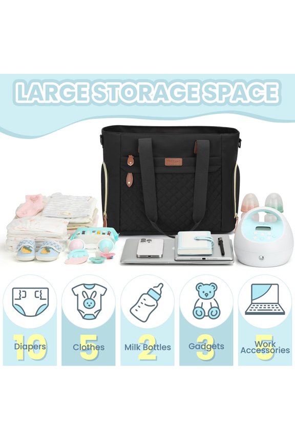 Diaper Bag Tote for Working Mom, Large Travel Diaper Tote for Mom and Dad with 14 Inch Laptop Sleeve, Mommy Maternity Travel Baby Bag for Boys and Girls, Black