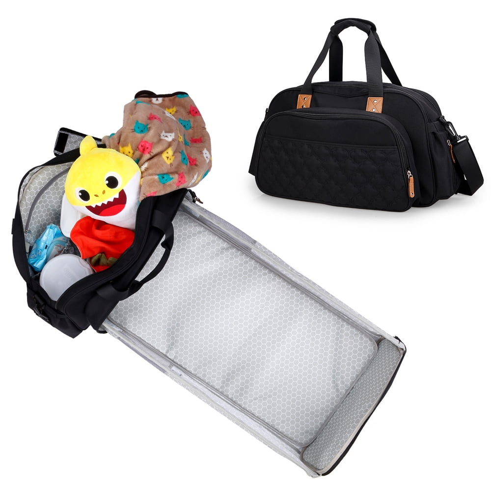 Diaper Bag Tote with Travel Bassinet, Foldable Baby Bed for Bady Toddler, High Capacity Nappy Bag Changing Station Black