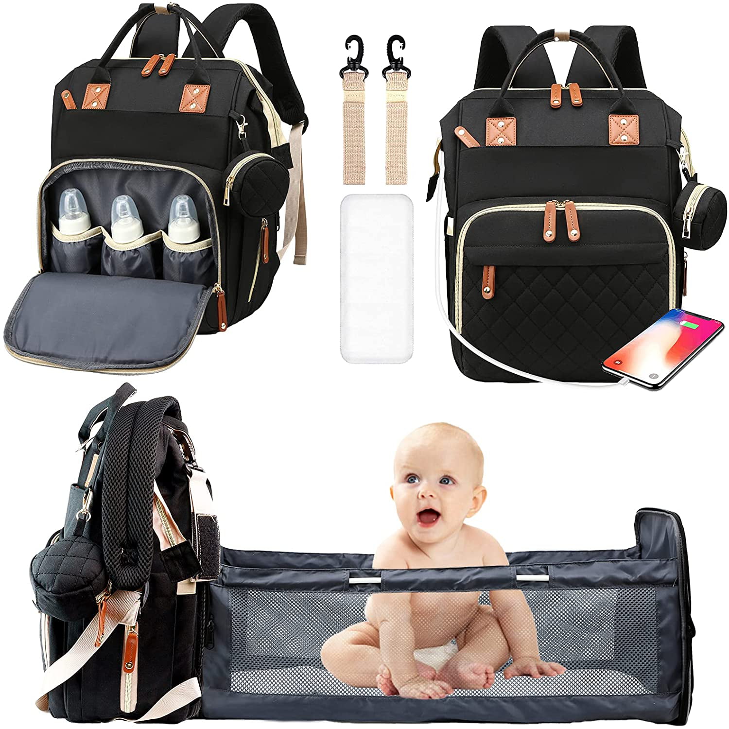 Jeraboo Diaper Backpack for Mom and Dad - Stylish Designer Diaper Bag - Includes Changing Pad, Large Roomy Pockets, Insulated Pouch