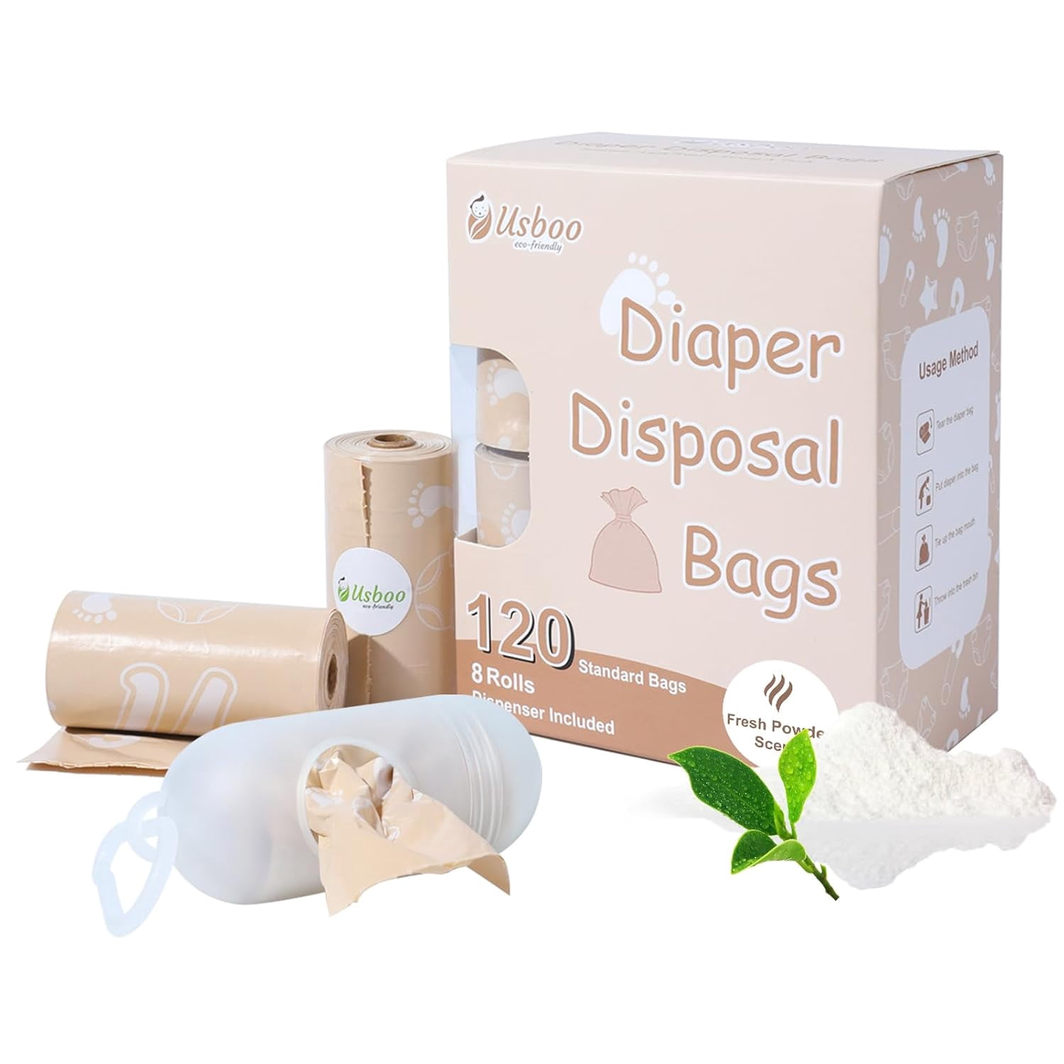 Diaper Bags Disposable for Baby, Biodegradeable Dirty Diaper Bags (8 Refill Rolls/120 Bags) with Dispenser | Leak Proof Diaper Trash Bags | Baby Poop Bags | Powder Scent