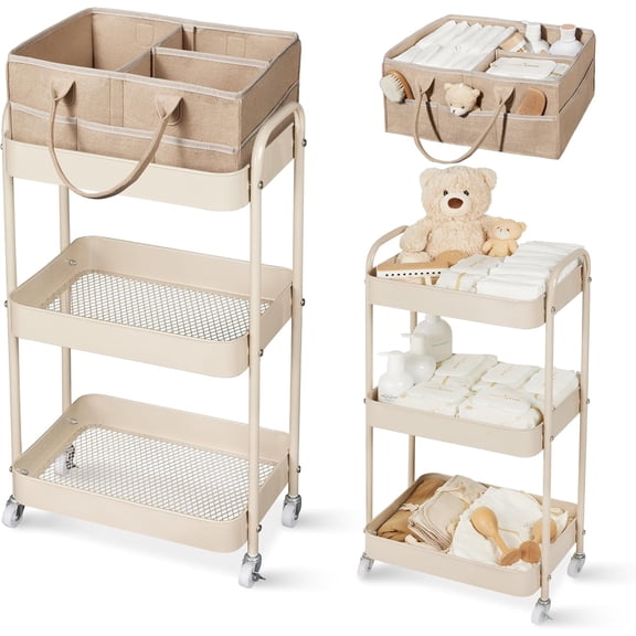 Diaper Caddy, 3 Tier Rolling Cart for Baby Essentials, Taupe | Diaper Cart with Detachable Dividers, Nursery Storage & Bottle Organizer, Bedside Caddy for Bedroom and Living Room