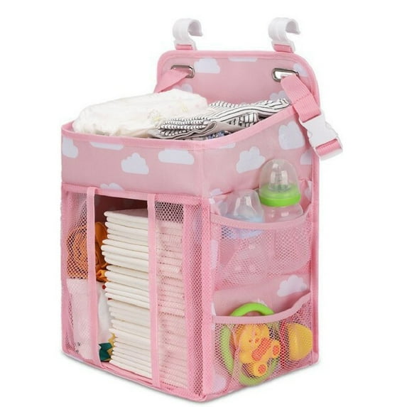 Diaper Caddy Hanging Diaper Caddy Organizer, Hanging Nursery Nappy Organiser Diaper Holder Caddy Stacker for Baby Girl Boy Crib Changing Table Playard Wall Baby Shower Gifts Bedside Storage Bag Pink