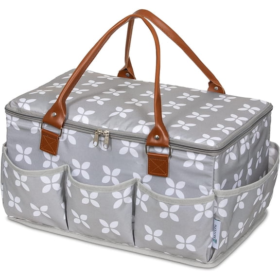 Diaper Caddy Organizer - Baby Caddy with Lid & Changing Mat, Car Diaper Caddy, Large Nursery Storage Diaper Tote Basket for Changing Table with Zip-Top Cover, Great for Baby Showers - Grey