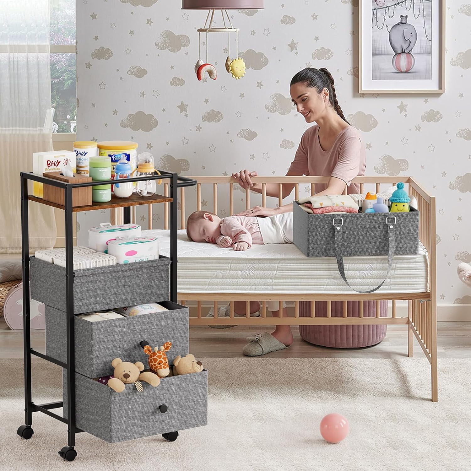 Diaper Caddy Organizer Cart with Drawers - 3In1 Rolling Storage Cart for Crib Bedroom Art &  (Black)