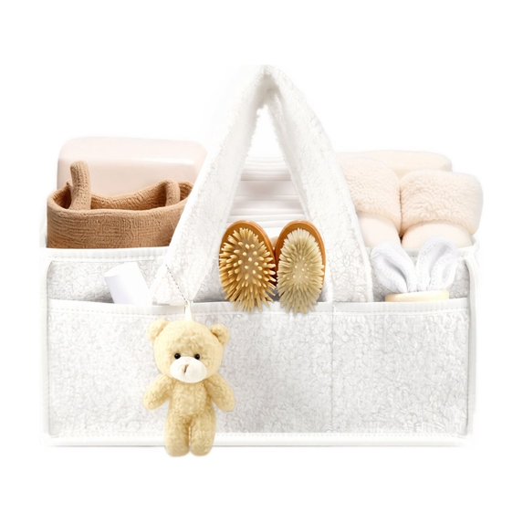 Diaper Caddy Organizer for Changing Table,Nursery Storage Bin with Handles,Storage Basket for Wipes,Baby Essentials Organizer,3 Compartments & 8 Pockets,with Cute Bear Decor,C