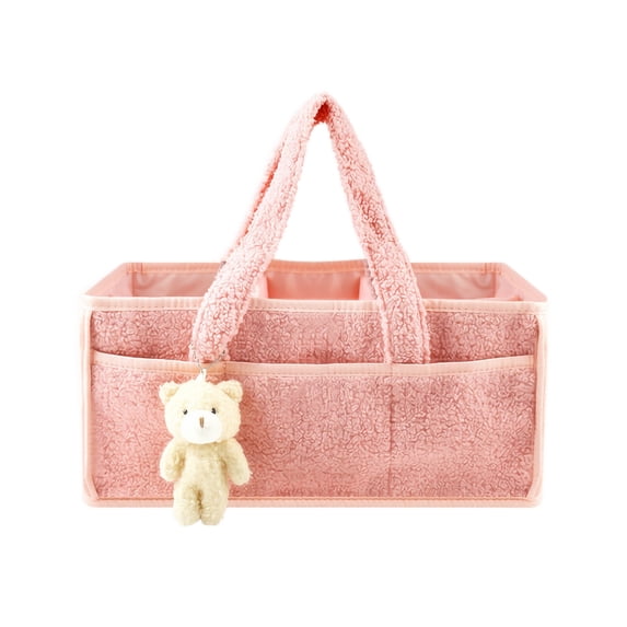 Diaper Caddy Organizer for Changing Table,Nursery Storage Bin with Handles,Storage Basket for Wipes,Baby Essentials Organizer,3 Compartments & 8 Pockets,with Cute Bear Decor,B