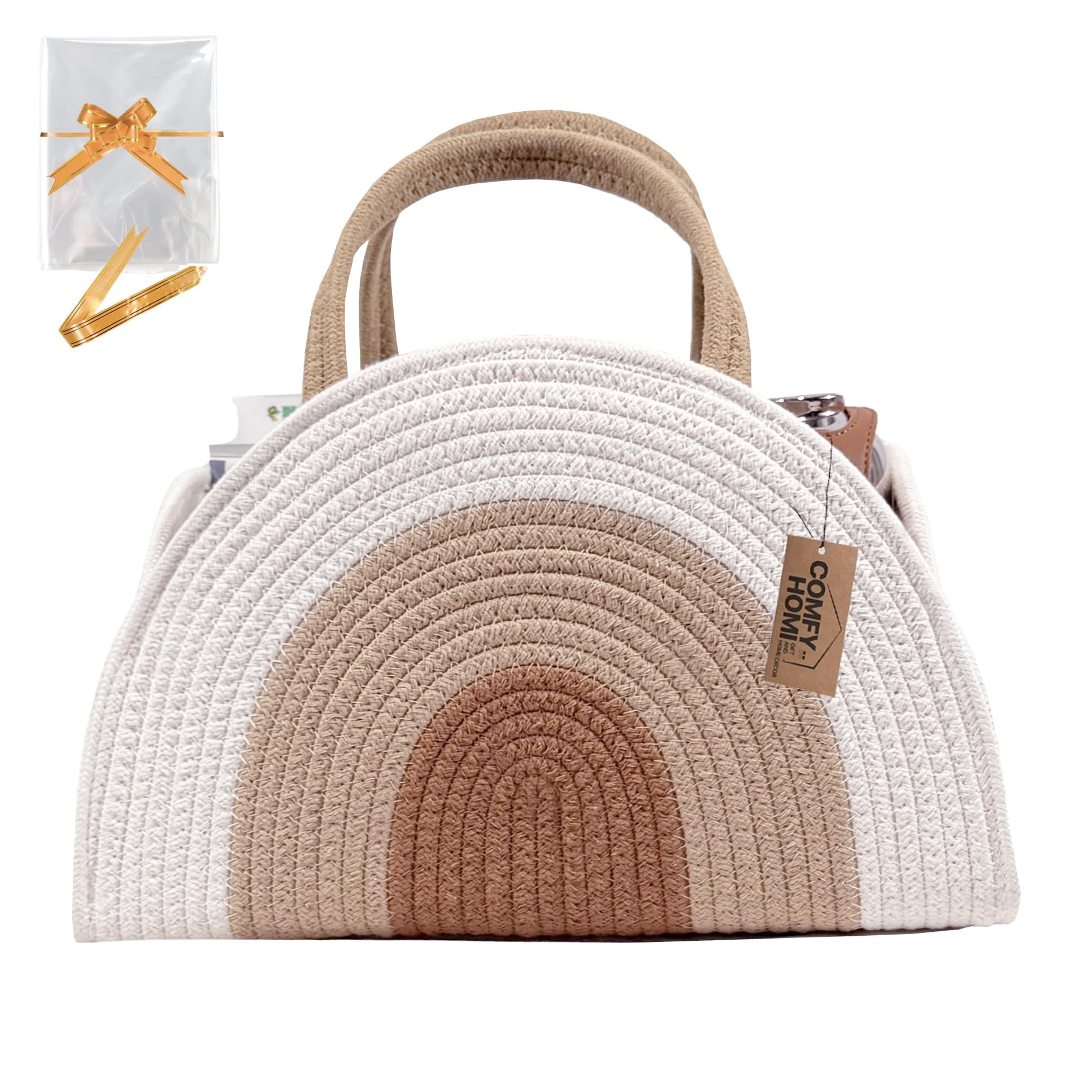 Diaper Caddy Organizer with Gift Bags and Ribbons - Sturdy Cotton Rope Basket for Baby Girl & Boy Newborn Essentials, Large Baby Gift Bag, Nursery Storage Caddy with Handles (white Brown)