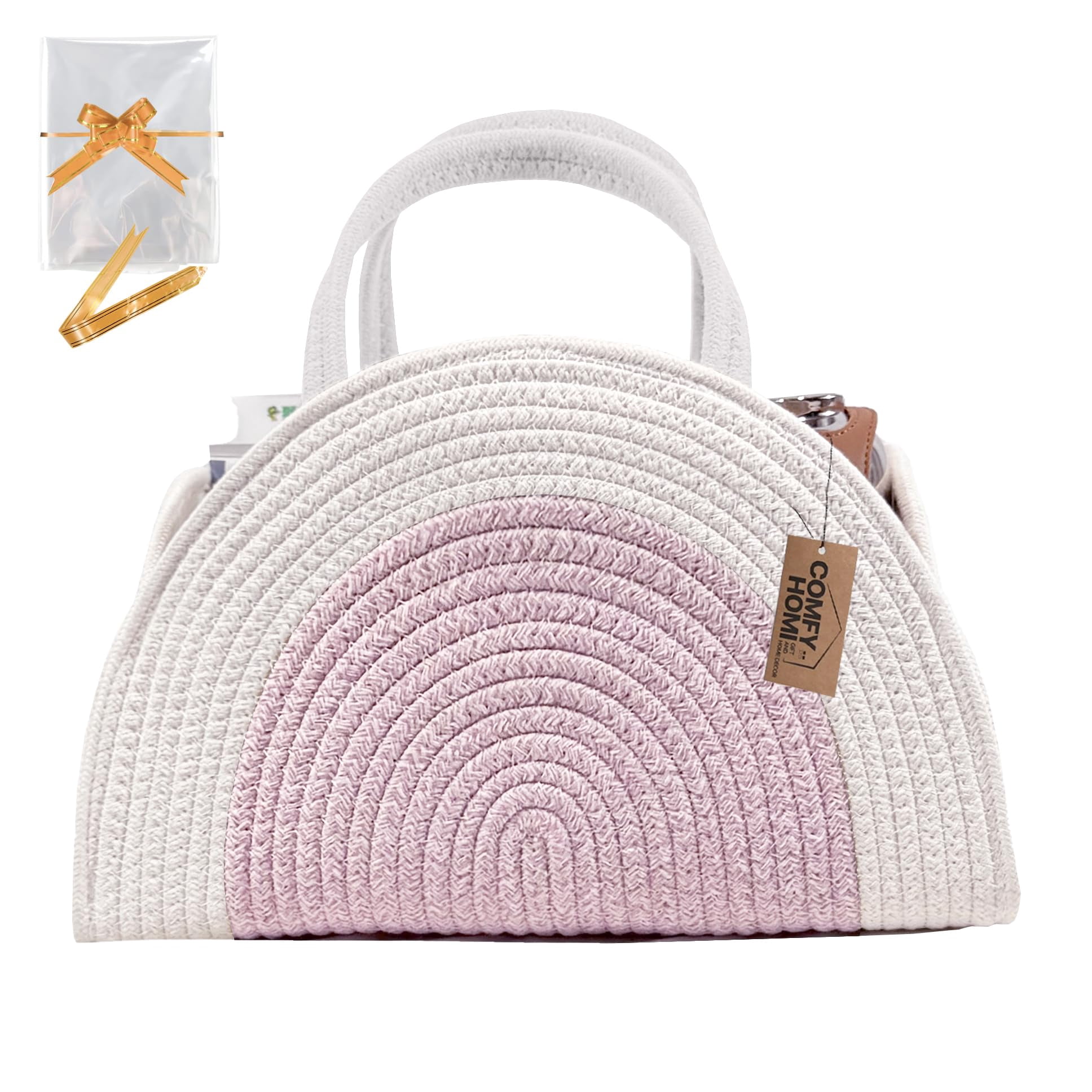 Diaper Caddy Organizer with Gift Bags and Ribbons - Sturdy Cotton Rope Basket for Baby Girl & Boy Newborn Essentials, Large Baby Gift Bag, Nursery Storage Caddy with Handles (white Brown)
