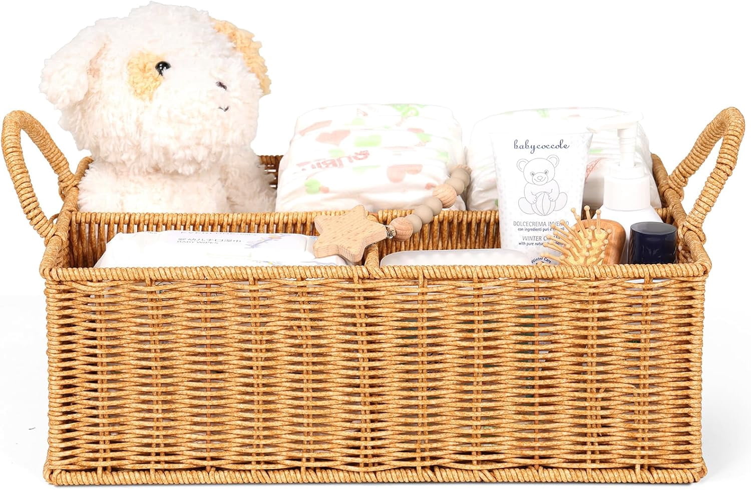 Diaper Caddy Organizer, Hand Rattan Nursery Baby Basket Changing Table Organizer for Baby Essentials, Baby Shower Gifts, Versatile Shelf Basket Bathroom/Kitchen Organizer (Natural, L)