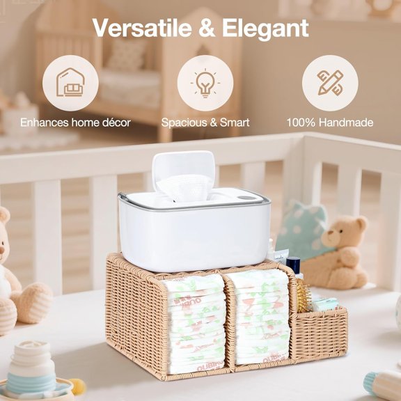 Diaper Caddy Organizer, Hand Rattan Nursery Storage Basket for Baby Essentials, Baby Changing Table Organizer Perfect Nursery Assistant (Natural Woven, M)