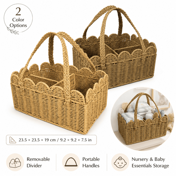 Diaper Caddy Organizer, Paper Rope Storage Basket with Removable Divider, Portable Nursery Bin with Handles for Diapers, Wipes & Baby Essentials, Baby Shower Gift, Newborn Must Haves,Bronze