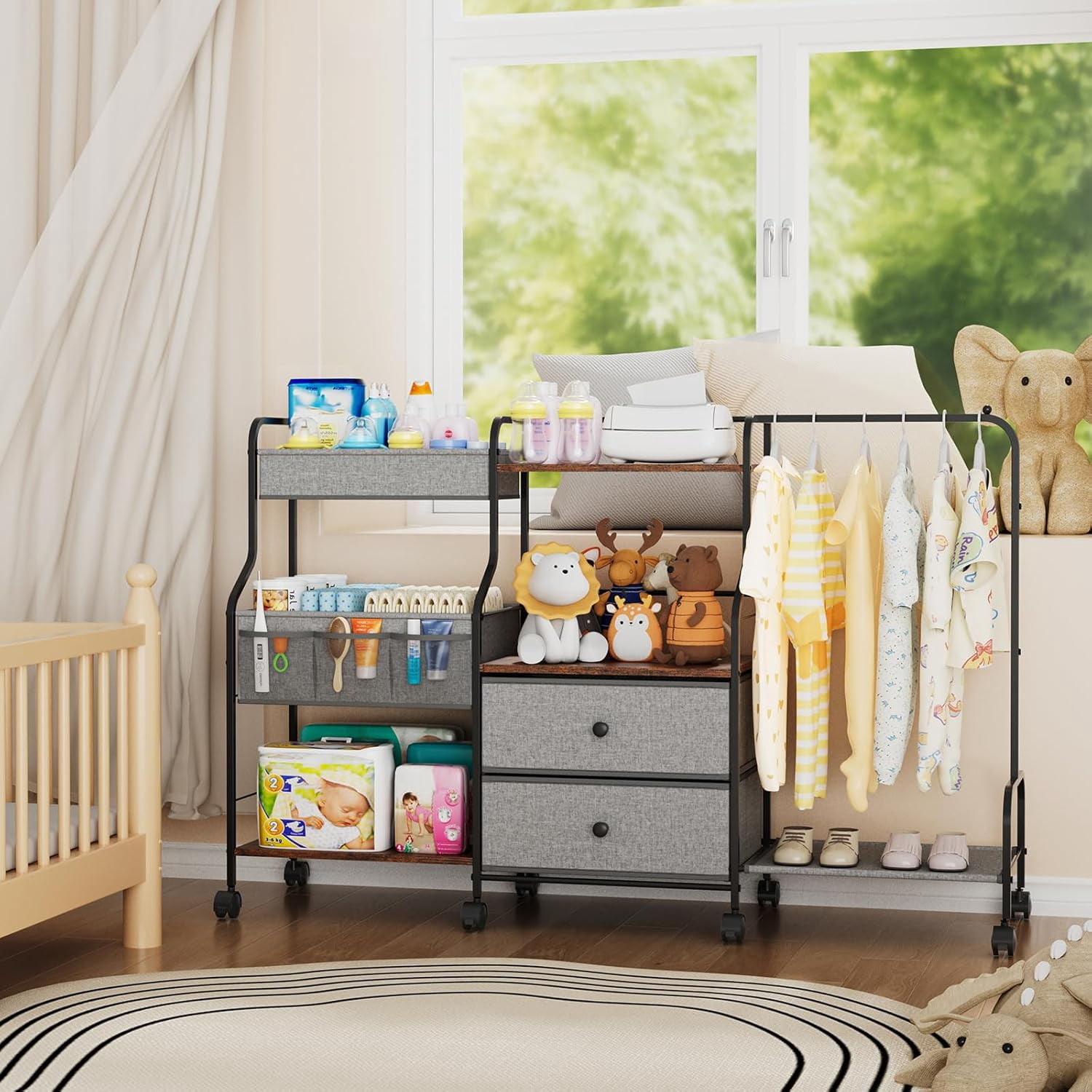 Diaper Caddy Organizer with Hanging Rack - 3 Tier Rolling Utility Cart with Drawers and Dividers for Storage - Bedside Cart, Gray
