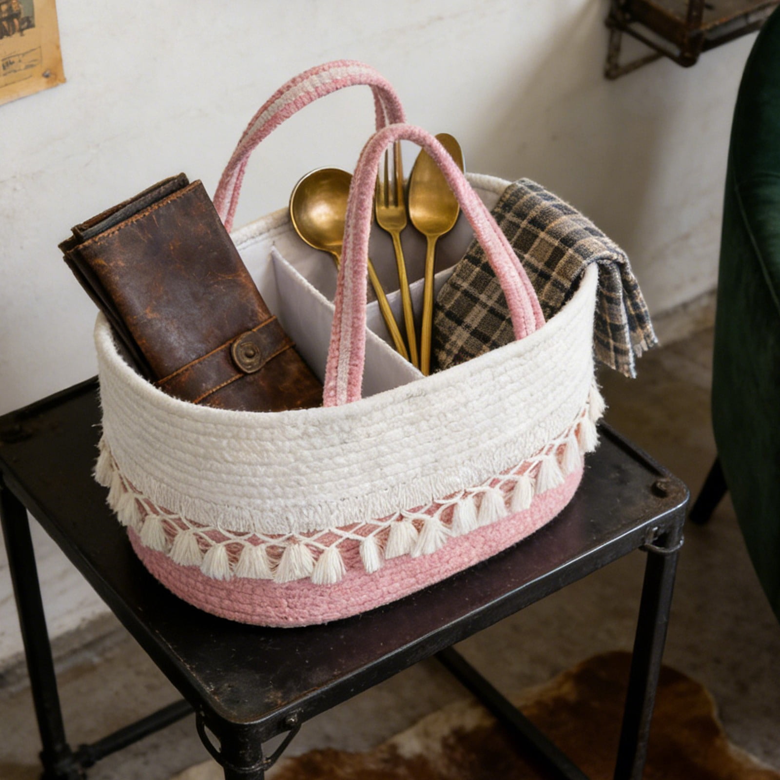 Diaper Caddy and Toy Storage Basket, Woven Cotton Rope with Divided Compartments, Tassel Handles, Farmhouse Boho Nursery Organizer, Blush Pink 14"