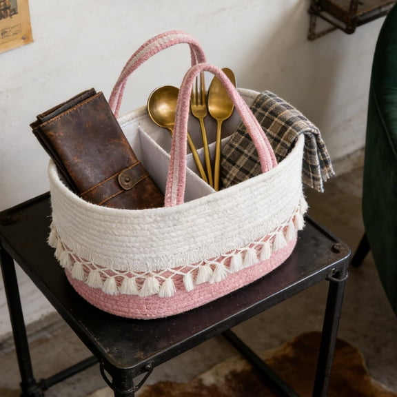 Diaper Caddy and Toy Storage Basket, Woven Cotton Rope with Divided Compartments, Tassel Handles, Farmhouse Boho Nursery Organizer, Blush Pink 14"