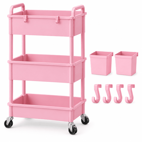 Diaper Cart with Lockable Wheels and Easy Assembly, 3 Tier Pink