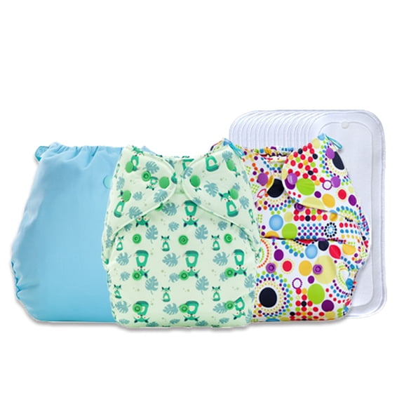 Diaper Cover Daily Use Retro, Fuzzy, Blue combo with 10 Wetfree Inserts (3pcs Pack) (3-36 Months)