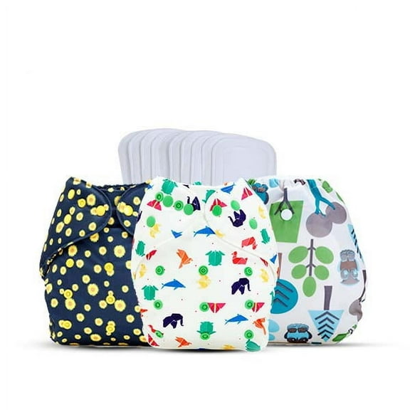Diaper Cover Daily Use Trees, Sunflower, Origami Combo with 10 Wetfree Inserts (3pcs Pack) (3-36 Months)