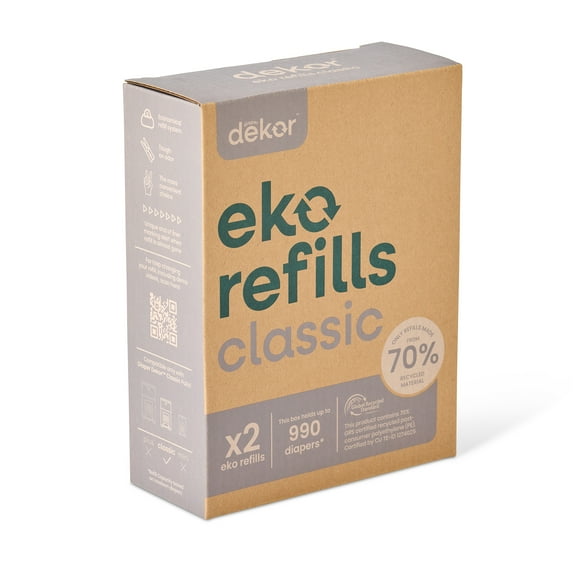 Diaper Dekor Eko Classic Refills, 2 Count | ONLY Eco-Friendly Diaper Pail Refills Made With 70% Recycled Materials | Quicker, Easier & More Cost Effective than Trash Bags