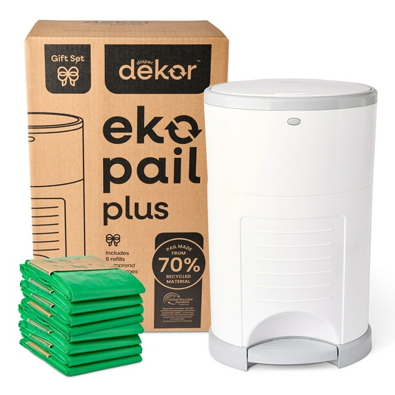 Diaper Dekor Eko Plus Diaper Pail Gift Set, White | ONLY Eco-Friendly Diaper Pail Made with 70% Recycled Materials | Comes with up to a Year's Supply Worth of Diaper Dekor Eko Plus Refills!