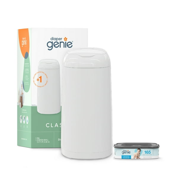 Diaper Genie Classic Pail,White,1 Diaper Pail,1 Square Refill - 165 Ct