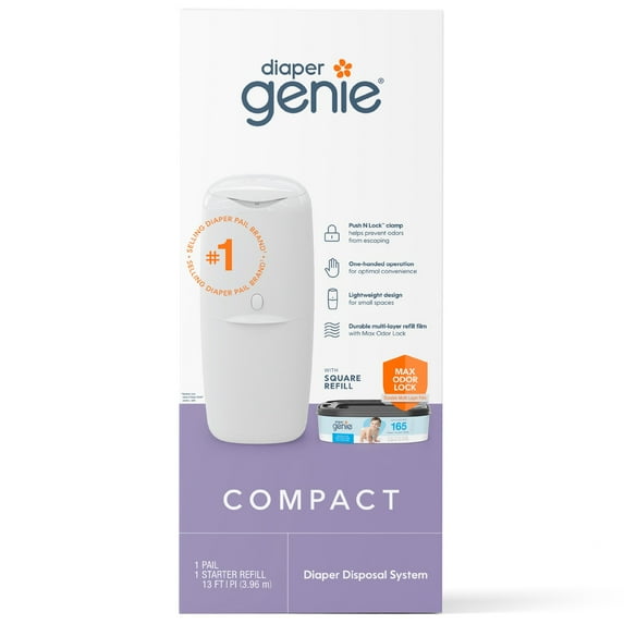 Diaper Genie Compact Pail, 1 Diaper Pail, 1 Square Refill, 165 Count, Infant, White
