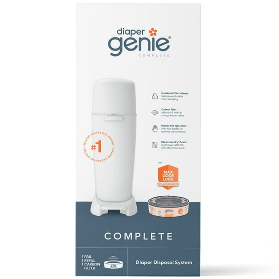 Diaper Genie Complete Pail, White, Includes 1 Diaper Pail, 1 Round Refill-270 Ct