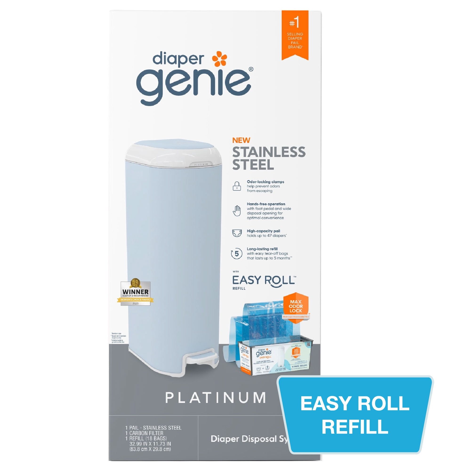 Diaper Genie Platinum Pail,Glacial Blue,Stainless Steel,1 Diaper Pail, 1 EasyRoll 18 Bags