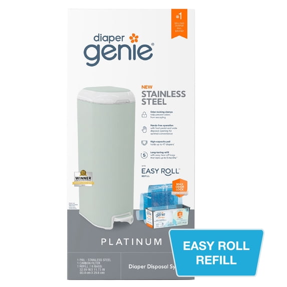 Diaper Genie Platinum Pail, Stainless Steel Diaper Pail, Includes 18 Refill Bags, 5 Month Supply, Sage Green